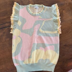 Fate Pink and Yellow Sleeveless Sweater Vest with Ruffled Trim